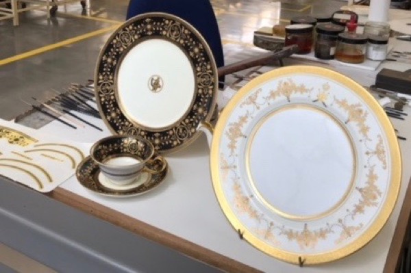 Intricate goldwork on Wedgwood plates